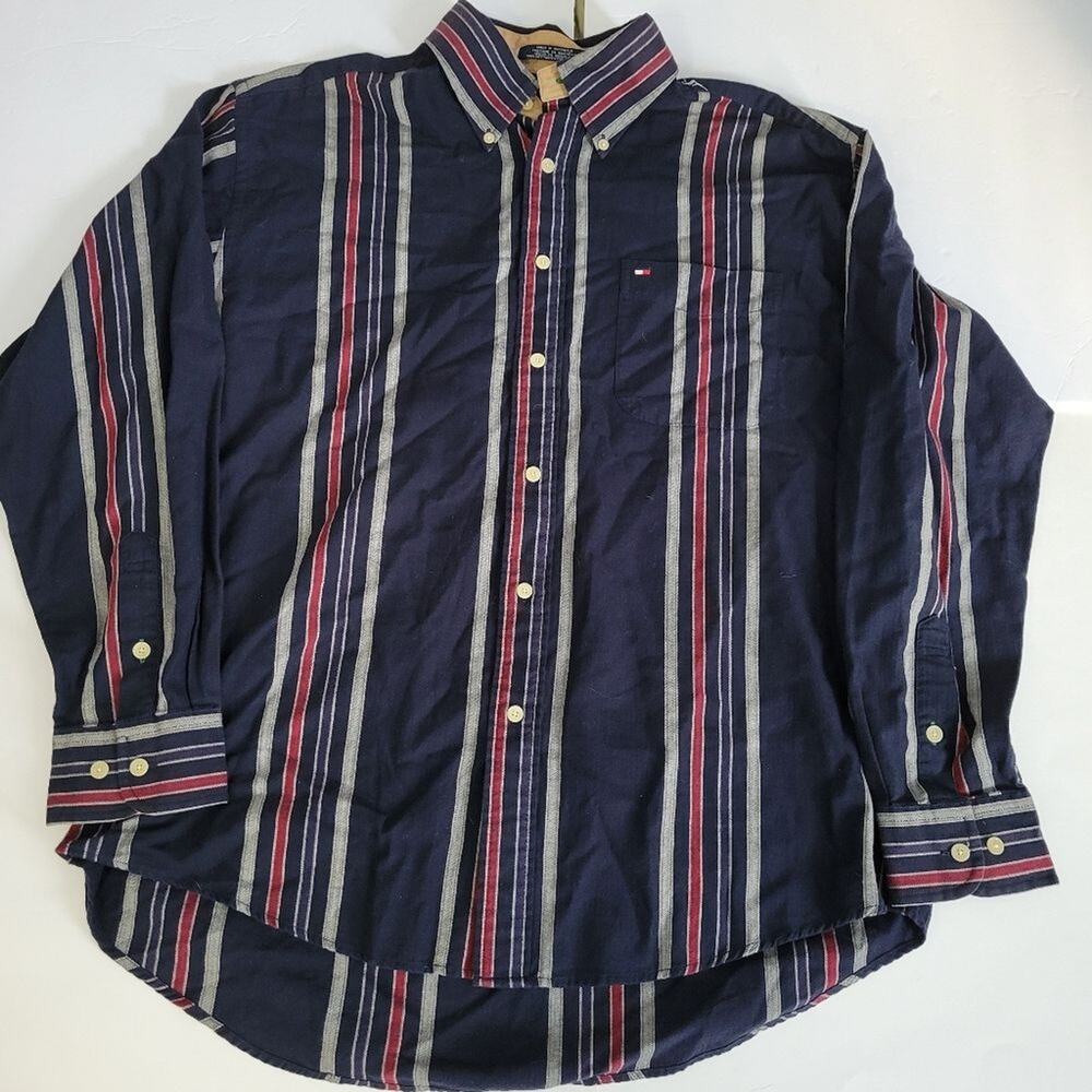 Tommy Hilfiger Mens L Vintage Retro Striped Collared Casual Button Down Shirt